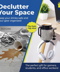 2 In 1 Desk Cup Holder And Headphone Hanger With Bling Bling Crystal Diamond Acrylic Design For Office Home And Gaming Setup, shown on desk with headphones and cup.