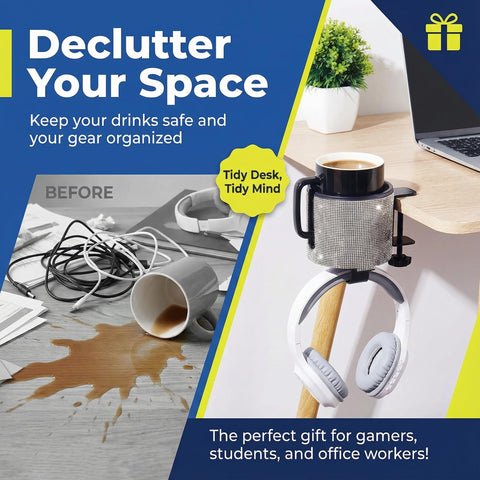 2 In 1 Desk Cup Holder And Headphone Hanger With Bling Bling Crystal Diamond Acrylic Design For Office Home And Gaming Setup, shown on desk with headphones and cup.