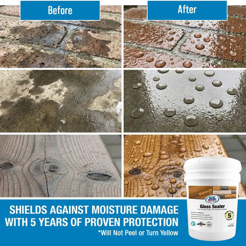 Image of SP-1104 Gloss Sealer 5 Gallon illustrating wet look finish on wood and masonry surfaces, before and after application.
