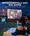 Couple watching outdoor movie with Cordless Solar Mosquito Zapper With 4500V Electric Grid Auto On Off Waterproof Outdoor Bug Trap nearby