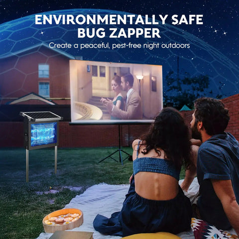 Couple watching outdoor movie with Cordless Solar Mosquito Zapper With 4500V Electric Grid Auto On Off Waterproof Outdoor Bug Trap nearby