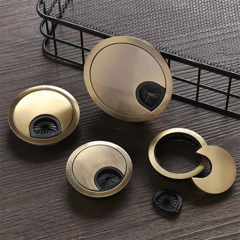 Premium Zinc Alloy Desk Grommet Kit With Rotatable Flip Top And Removable Center For 50 To 80 Mm Holes In Sleek Brushed Or Shiny Colors, Totally Rad For Managing Cables And Polishing Your Workspace Stylishly. brass desk cable grommets with flip top and removable center