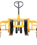 Heavy Duty All Terrain Steel Pallet Truck With Pneumatic Tires And Smooth Steering Glides Over Rough Ground Loads Up To Two Thousand Five Hundred Pounds Without A Sweat On Thirty Two Inch Forks front view with large tires.