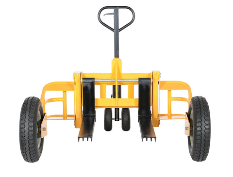 Heavy Duty All Terrain Steel Pallet Truck With Pneumatic Tires And Smooth Steering Glides Over Rough Ground Loads Up To Two Thousand Five Hundred Pounds Without A Sweat On Thirty Two Inch Forks front view with large tires.