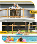 Hella Sturdy 110 Pcs 32 Inch Rectangular Iron Deck Balusters Straight Railing Spindle Kit with pool and balcony scenes.