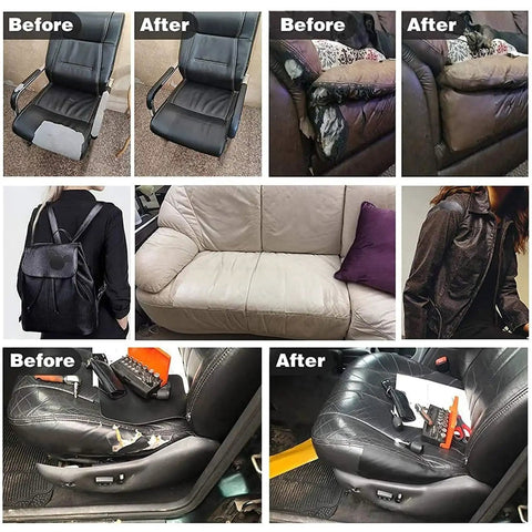 Before and after of using Self Adhesive Leather Repair Patch 54x20 Inch Khaki Stick On No Sew For Couch Sofa Car Seat Office Chair.