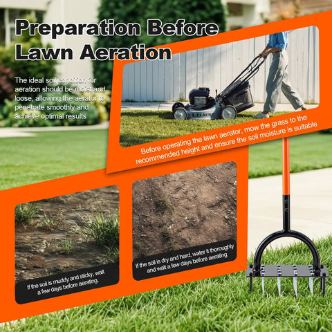 Preparation tips for using Your Go To Lawn Aerator Tool With 16 Iron Spikes And Ergonomic T Handle shown in a yard setting.