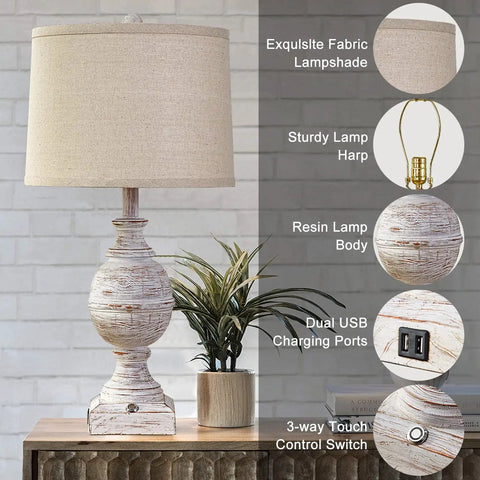 Cozy Farmhouse Table Lamps Set of 2 With USB Charging Ports, 3 Way Dimmable Rustic Wood Finish showing lamp details and features.