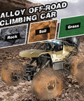 Rugged 1:12 Scale RC Monster Truck With Durable Metal Body, LED Headlights, demonstrating off-road capabilities on diverse terrain.
