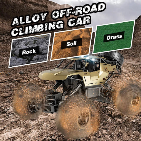 Rugged 1:12 Scale RC Monster Truck With Durable Metal Body, LED Headlights, demonstrating off-road capabilities on diverse terrain.