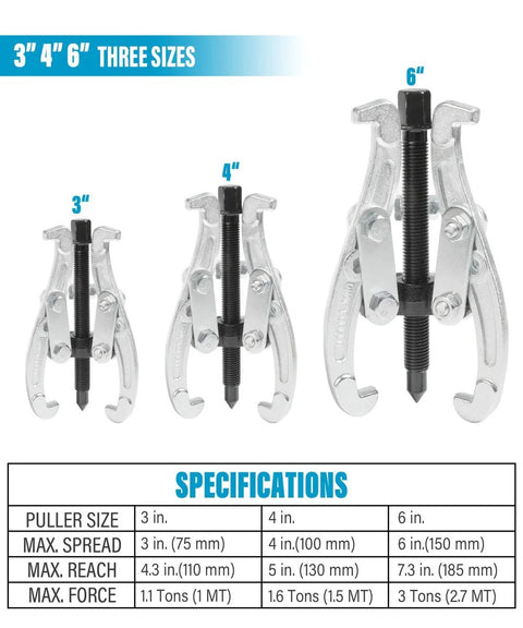 Beefy Heavy Duty Gear Puller Set With 3 Jaw Pullers For Flywheels Pulleys And Gears Includes 3 Inch 4 Inch And 6 Inch Options