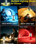 Men using Rechargeable 3-In-1 Camping Lantern With Foldable Tent Light And Handheld Flashlight, 1500LM, in different lighting modes outdoors.