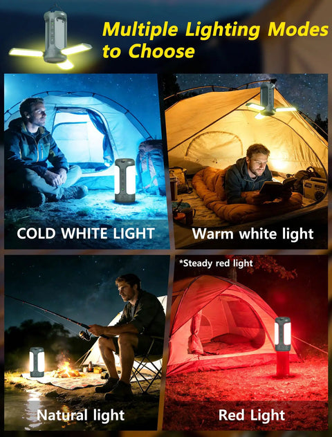 Men using Rechargeable 3-In-1 Camping Lantern With Foldable Tent Light And Handheld Flashlight, 1500LM, in different lighting modes outdoors.