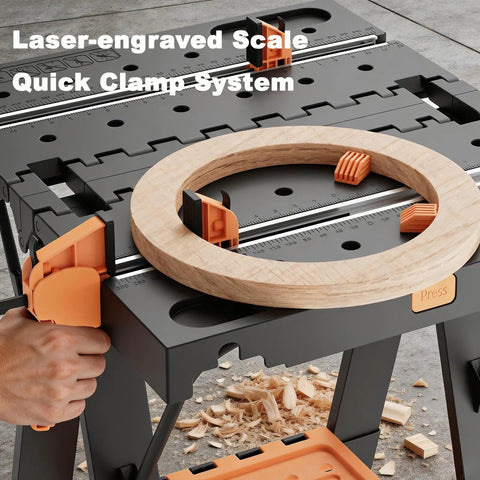 Close-up of 2-In-1 Folding Work Bench And Sawhorse For Quick Setup Portable Work Table with laser engraved scale and clamps in use