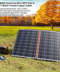 Beefy 10 Gauge Wire 50 Ft Black And 50 Ft Red Tinned Copper 2 Conductor Electrical Cable connected to solar panel and battery.