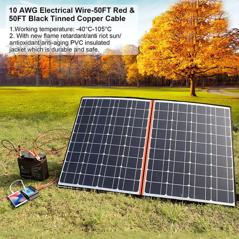 Beefy 10 Gauge Wire 50 Ft Black And 50 Ft Red Tinned Copper 2 Conductor Electrical Cable connected to solar panel and battery.