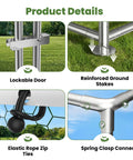 Lockable door, reinforced ground stakes, elastic rope zip ties, spring clasp on Large Metal Chicken Coop With Walk In Roosting Ladder