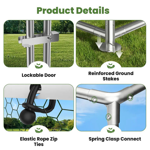 Lockable door, reinforced ground stakes, elastic rope zip ties, spring clasp on Large Metal Chicken Coop With Walk In Roosting Ladder