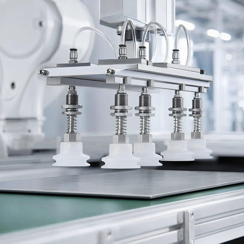 Industrial Suction Cup 8 Pack with Silicone Tips for Automation Equipment, Pneumatic Vacuum Gripper on assembly line.