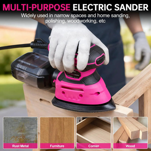 Detail Sander 13000 RPM Compact Electric Sanding Tool With 1 2A 140W Motor in use on wooden furniture corner, handheld operation