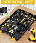 21V Drill Kit With 170 Pieces, Portable Home Repair Set shown open with tools, power drill, and yellow toolbox on a wooden table