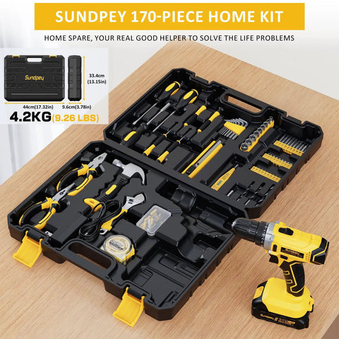 21V Drill Kit With 170 Pieces, Portable Home Repair Set shown open with tools, power drill, and yellow toolbox on a wooden table