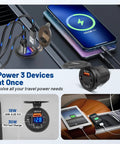78W Triple Port Car Charger With Dual PD USB Fast Charging, powering three devices in a car with real-time voltage display.