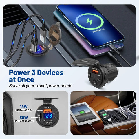 78W Triple Port Car Charger With Dual PD USB Fast Charging, powering three devices in a car with real-time voltage display.