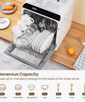 Compact Countertop Dishwasher With Six Wash Cycles And A Built In Five Liter Water Tank Needs Absolutely No Plumbing Hookups Fast Setup Delivers Top Tier Cleaning To Any Space Making Busy Routines An Absolute Breeze, showcasing organized dishes inside.