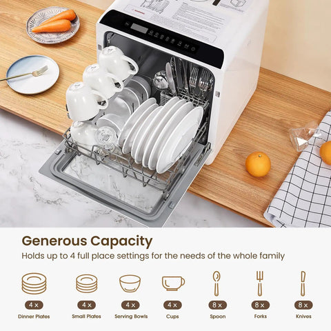 Compact Countertop Dishwasher With Six Wash Cycles And A Built In Five Liter Water Tank Needs Absolutely No Plumbing Hookups Fast Setup Delivers Top Tier Cleaning To Any Space Making Busy Routines An Absolute Breeze, showcasing organized dishes inside.