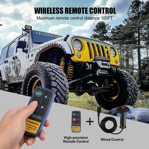 Huge 13500 Lb Electric Winch Cranks Out Massive Power For Truck Recovery With Fast 6.4 Horsepower Motor And Durable Waterproof Synthetic Rope mounted on Jeep with remote control.