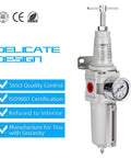 Half Inch NPT High Pressure Air Filter Regulator Combo with T Handle and Semi Auto Drain shown with quality certifications.