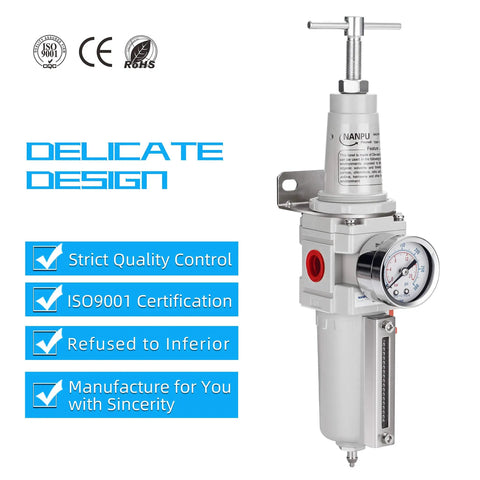 Half Inch NPT High Pressure Air Filter Regulator Combo with T Handle and Semi Auto Drain shown with quality certifications.