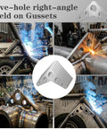 Heavy Duty Steel Weld On Triangle Gussets 12 Piece Kit Featuring Tough As Nails Reinforcement Plates Measuring Three Inches Square With Quarter Inch Thickness For Trailer Repair And Welding Table Builds in use during welding process.