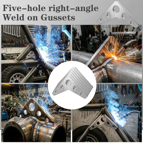 Heavy Duty Steel Weld On Triangle Gussets 12 Piece Kit Featuring Tough As Nails Reinforcement Plates Measuring Three Inches Square With Quarter Inch Thickness For Trailer Repair And Welding Table Builds in use during welding process.