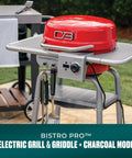 3-In-1 Dual Fuel Outdoor Grill And Griddle With Electric And Charcoal Modes Pro Bistro Style Cooker with red finish on patio