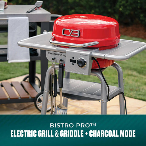 3-In-1 Dual Fuel Outdoor Grill And Griddle With Electric And Charcoal Modes Pro Bistro Style Cooker with red finish on patio