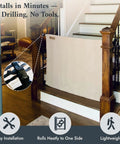 No Drill Baby Gate for Stairs, Portable Fabric Gate for Kids and Pets in use between stair banisters