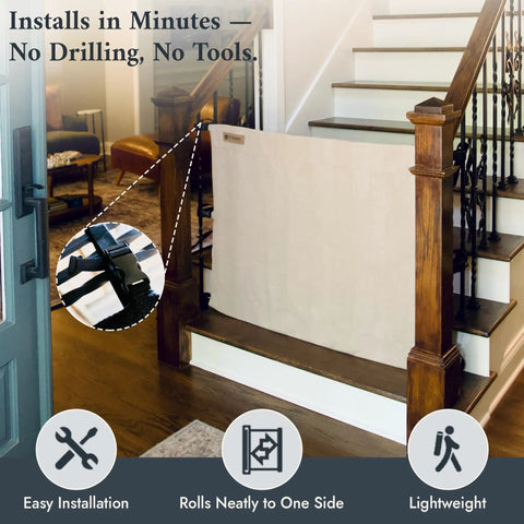 No Drill Baby Gate for Stairs, Portable Fabric Gate for Kids and Pets in use between stair banisters