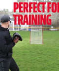 MLB Flyback Pitch Back Net For Baseball Training With Multi Position Return 65 By 44 Inches on a grassy field
