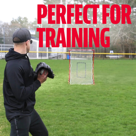 MLB Flyback Pitch Back Net For Baseball Training With Multi Position Return 65 By 44 Inches on a grassy field