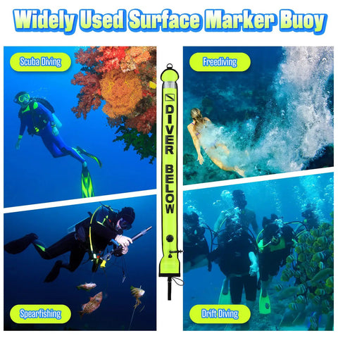 High Visibility Surface Marker Buoy For Diving And Freediving with Reflective Strip and Dive Flag for scuba, freediving, spearfishing, drift diving