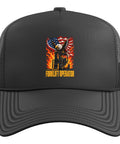 Black Forklift Operator Trucker Hat with Adjustable Mesh Back for Warehouse Crew and Logistics Pros, eagle and flag design.