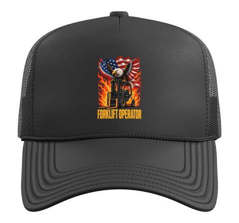 Black Forklift Operator Trucker Hat with Adjustable Mesh Back for Warehouse Crew and Logistics Pros, eagle and flag design.