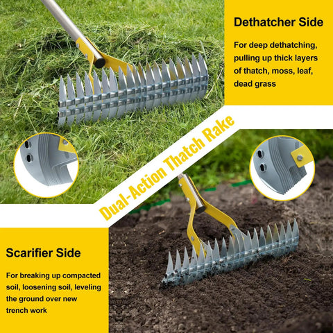 2 In 1 Thatch Rake And Leaf Rake Stainless Steel Lawn Dethatcher With 19 Tines and 15 Inch Head shown in use