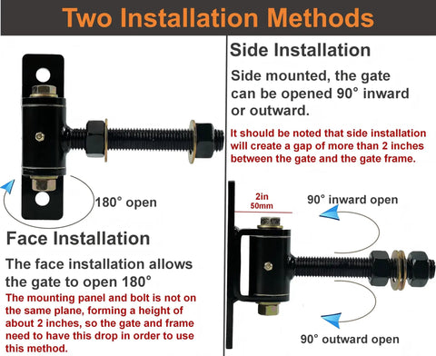 Heavy Duty T Bolt Gate Hinges Pair Handles 700 Lbs Load Bearing Thickened Solid Carbon Steel installation methods illustrated.