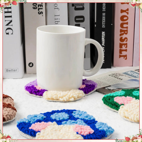 Colorful mushroom pattern coasters with mug, part of Punch Needle Coaster Kit For Beginners Six Piece Set
