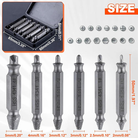 Get The Ultimate Titanium Screw Extractor Kit With Six Pieces For Easy Removal Of Stripped Rusty Bolts And Damaged Screws Made From HSS 4341 Steel For Heavy Duty Home Repairs That Just Work Like Magic On All Your Broken Hardware Projects. six-piece HSS 4341 screw extractor kit, 2mm to 5mm sizes, in case
