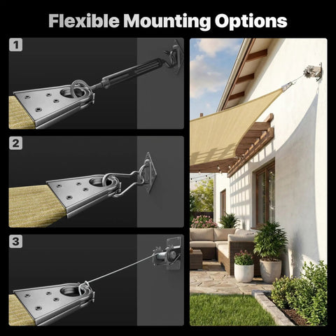Beefed Up Heavy Duty Beige 12 Foot By 16 Foot Sun Shade Sail Canopy with reinforced corners and stainless mounting rings on patio.