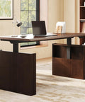 Get The Legit Badass Solid Wood Executive Standing Desk Featuring Sculpted Fluted H Frame Adjustable Height Mid Century Office Table In Rich Walnut For Your Setup, showing a walnut top and fluted legs.